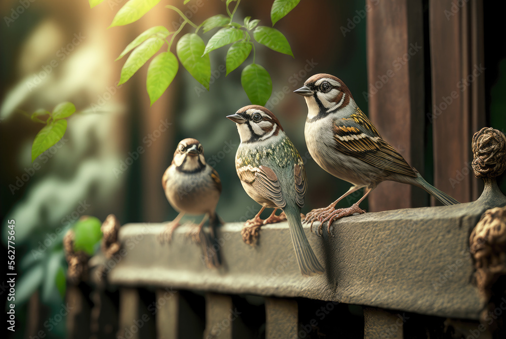 Naklejka premium Closeup of three sparrows perched on a wooden handrail - Passeridae - Generative AI