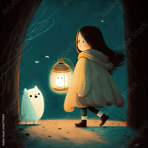 A Young Girl Wandering Through The Night With Her Ghost Friend And A Lamp. AGenerative AI Illustration photo