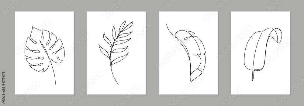 One line art tropical floral leaf poster set. Single continuous line  monstera, fern, palm leaf minimal design background. Botanical abstract art  for print, wallpaper. Vector illustration Stock Vector | Adobe Stock