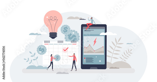 Energy bills control and monthly expenses calculation tiny person concept, transparent background. Power consumption and budget measuring using smart app for electricity utility price illustration.