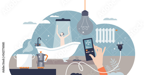 Energy consumption and water heating with electricity tiny person concept, transparent background.Natural gas usage for home climate control and radiators illustration.