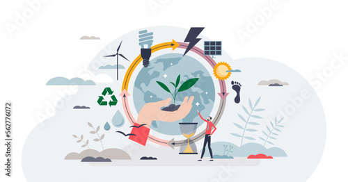 Environment conservation and earth ecology awareness tiny person concept, transparent background. Global nature protection with recycling, green energy.