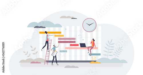 Gantt chart as project schedule for time management tiny person concept, transparent background. Timeline with work tasks flow and effective graph planning illustration. Organization deadline plan.