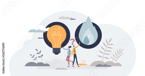 Gas vs electric heating comparison or usage for household utilities tiny person concept, transparent background. Appliances using electricity.