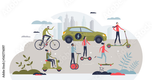 Green transportation with environmental friendly energy tiny person concept, transparent background. Bicycle, scooter and electric car with sustainable and clean power illustration.