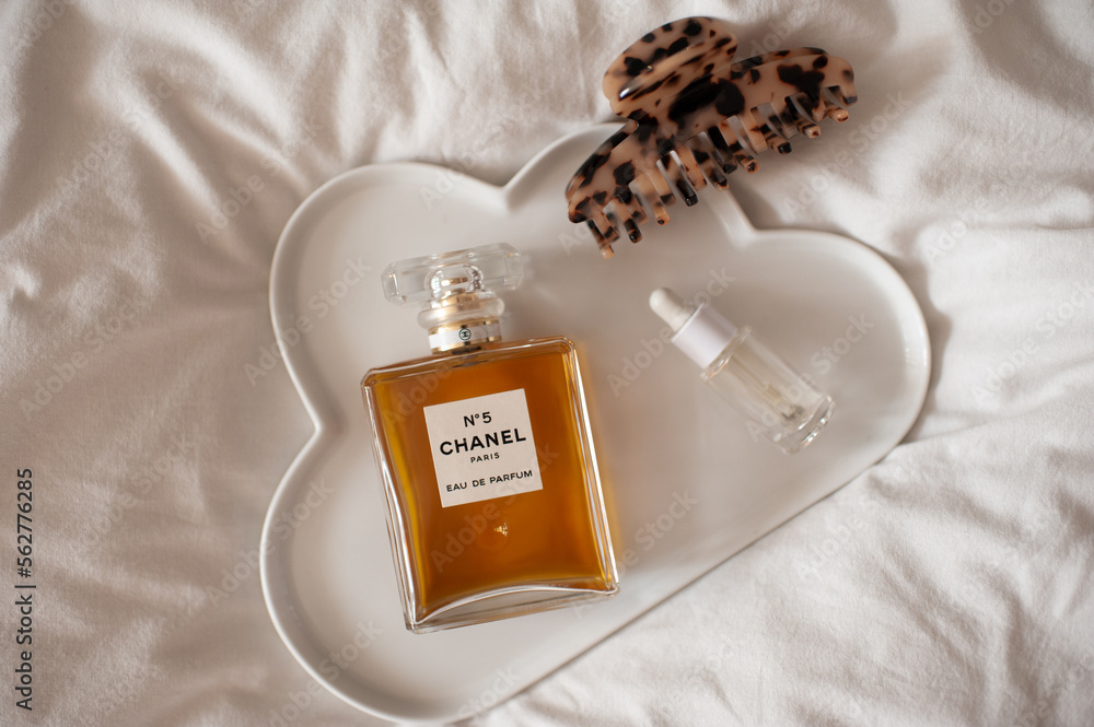 Moscow, Russia - January 19 2023: Glass bottle of fragrance Chanel