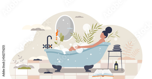 Self care with bath tub relaxation and SPA treatment tiny person concept, transparent background.Process with bathtub foams, leisure and hot water therapy illustration.