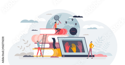 Sociology as study about social causes of behavior tiny person concept, transparent background. Culture diversity, ethnicity and its impact on social consequences illustration.