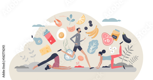 Sports nutrition and healthy product eating for fitness tiny person concept, transparent background. Active lifestyle and slimming nourishment for energy, protein and vitamin balance illustration.