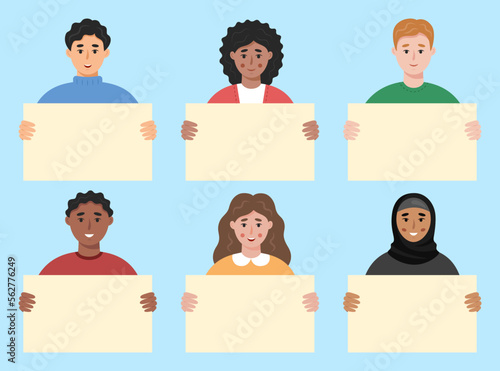 Young diverse people holding empty banners. Happy female and male with posters. Isolated vector illustration in flat style.