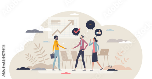 Employee onboarding process and welcoming to new job tiny person concept, transparent background. Greetings to hired employee and duties explanation for better staff integration illustration.