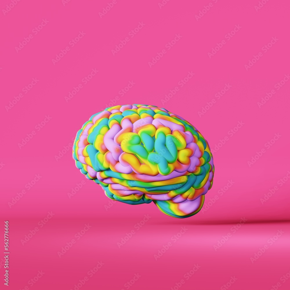 Colorful rainbow human brain 3d rendering pink. LGBT pride symbol. Color psychology behavior. World autism awareness day concept. Genius Artistic creativity Neurology science. Cognitive development Colorful rainbow human brain 3d rendering pink. LGBT pride symbol. Color psychology behavior. World autism awareness day concept. Genius Artistic creativity Neurology science. Cognitive development