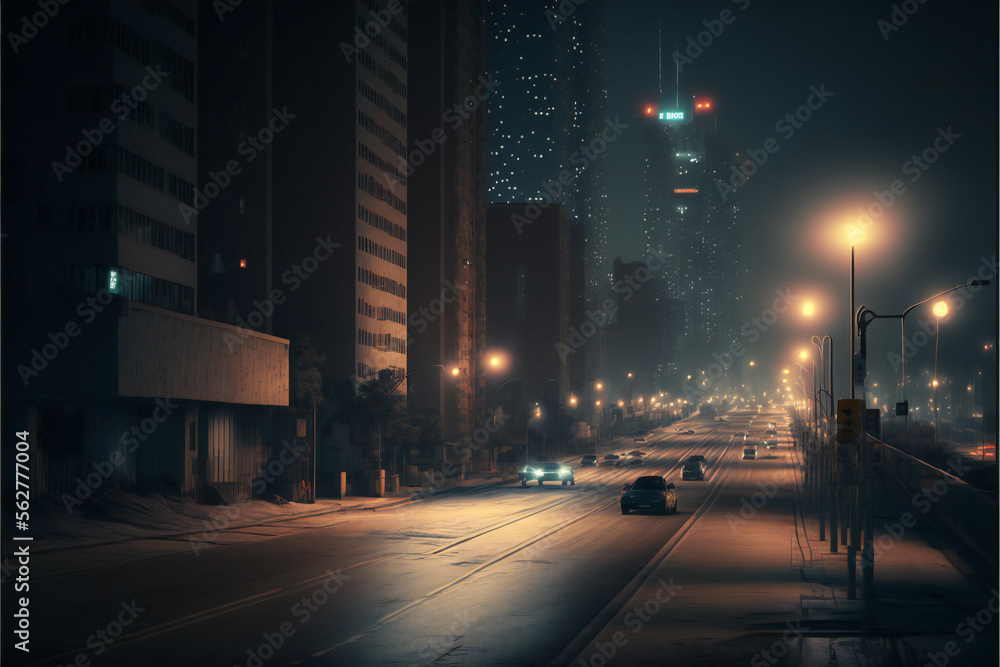 Exploring the Urban Jungle at Night: Photorealistic Visualization of the Modern City's Busy Streets and Highways, with Glittering Lights and Fast-Paced Traffic Generative AI