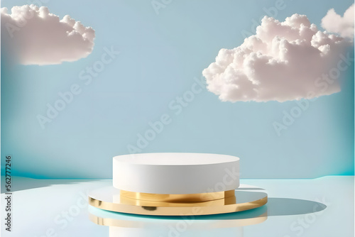 3D no thing on podium display on water with white cloud. Bright dreamy landscape. Nature background with Cosmetic beauty product promotion stand mock up. Step pedestal  minimal banner