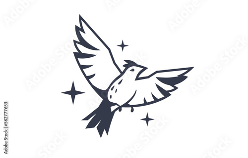 Vector illustration of beautiful flying bird on white color background. Black and white line art style design of bird