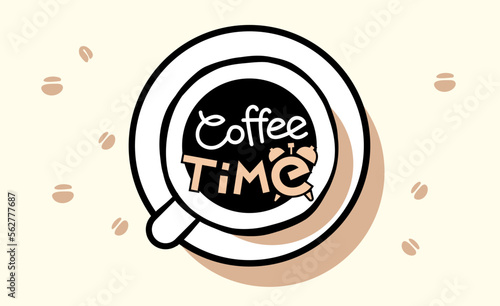 Vector illustration of coffee cup with word coffee time on color background with bean. Black and white line art style design of cup
