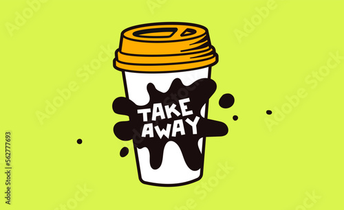 Vector illustration of coffee paper cup with word take away on green color background. Black and white line art style design of takeout coffee cup