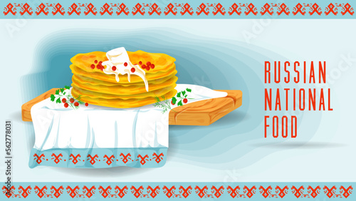 fried pancakes with red fish caviar on a towel with an ornament is a flat illustration of traditional food