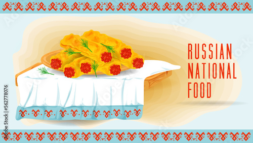 Pancakes stuffed with red fish caviar on a wooden tray towel with an ornament flat illustration of traditional food