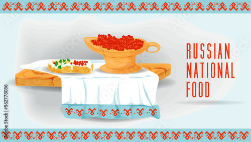 red fish caviar in a cup and a sandwich on a wooden tray towel with an ornament flat illustration of traditional food
