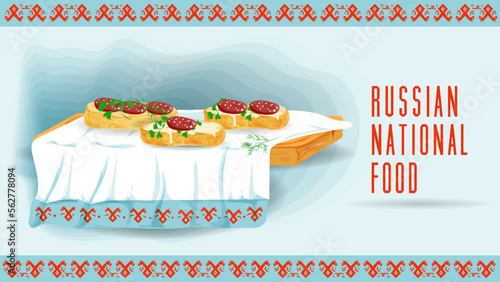 sandwiches with butter and sausage lie on a towel with an ornament a flat illustration of traditional food