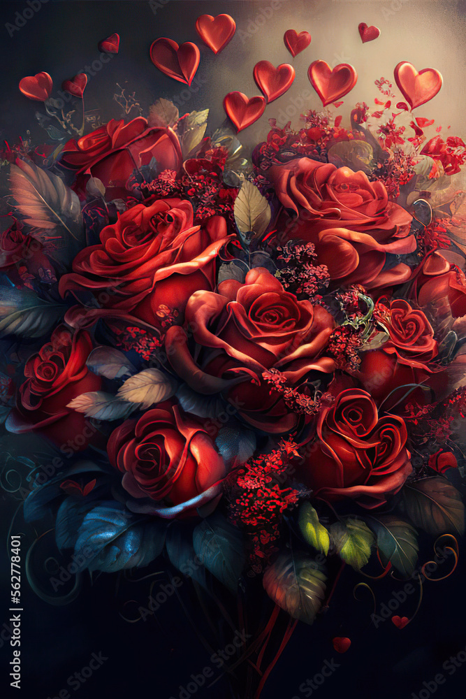 Beautiful bunch of red roses with red hearts, love, St. Valentine's Day, vertical, Generative AI