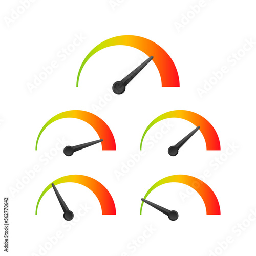 Rating customer satisfaction meter. Different emotions art design from red to green. Abstract concept graphic element of tachometer, speedometer, indicators, score. Vector stock illustration.