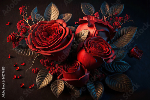 Three beautiful red roses with leaves, dark background, Generative AI