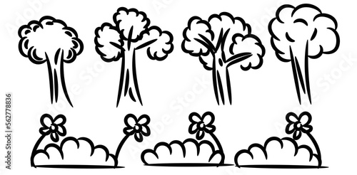 doodle conifer forest park abstract silhouettes outline trees in black color collection set