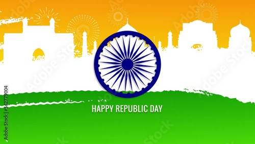 Happy India Republic day on grunge flag texture background, flat animation with fireworks and indian monuments landmark