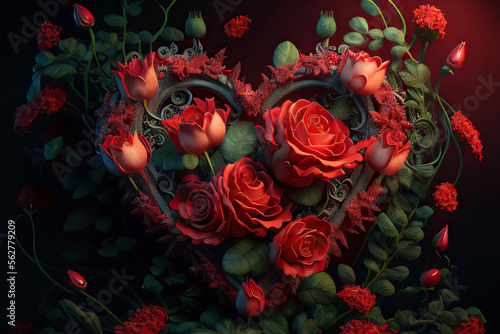 Beautiful heart with red roses and green leaves on the dark red background, love, St. Valentine's Day, vertical, Generative AI