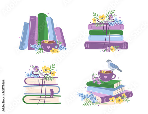 Books, cup coffee with spring flowers. Set of reading elements for  bookshop, library, bookstore or education. Vector illustration on white background
