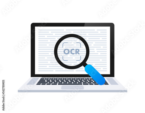 OCR - Optical character recognition. Document scan. Process of recognizing document. Vector stock illustration. photo