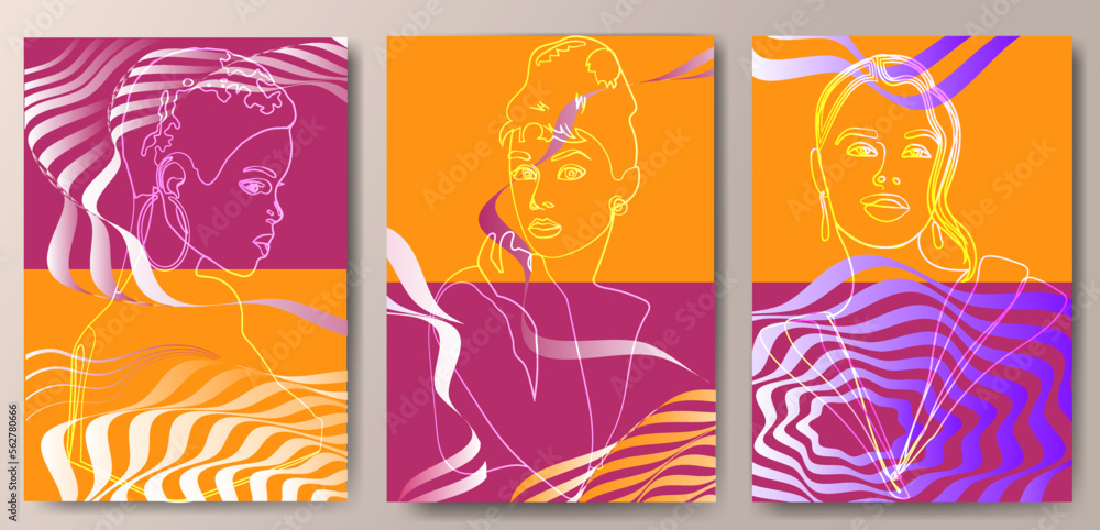 set of different female faces, abstract figures. Modern style with outlines and lines . Fashionable shades. set of different female faces, abstract figures. Modern style with outlines and lines . Fashionable shades.