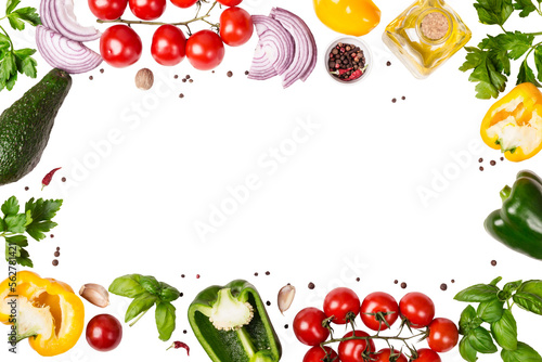 Fresh variety vegetables, spices and herbs frame. Place for text or recipe, transparent background