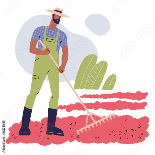 A dark-skinned man dries coffee beans. A farmer rakes ripe coffee cherries. Production and cultivation of coffee. Flat vector isolated on white background.