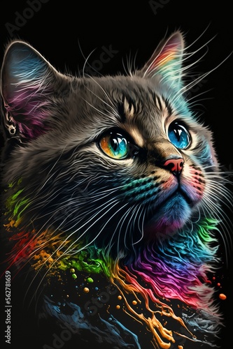 Colorfull Close-Up of fluffy Cat. Created by Generative AI 