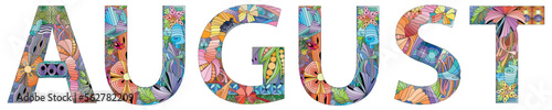 Word AUGUST. Vector zentangle object for decoration