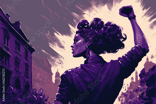 Generative AI illustration of woman, from behind, raising her fist, background in the purple city