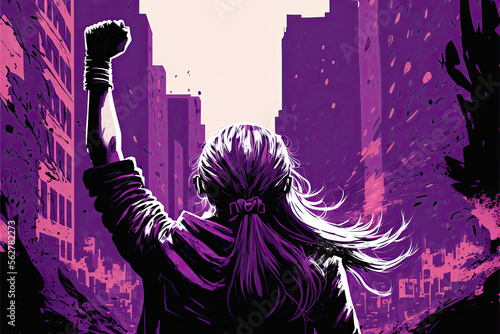 Generative AI illustration of woman, from behind, raising her fist, background in the purple city photo