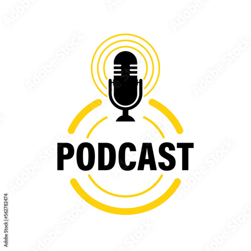 Podcast radio icon, label. Studio microphone, broadcast. Creative podcast. Vector stock illustration.