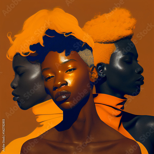 BIPOC Black Woman Golden Brown Orange Strength Beauty Painting Concept Hair Makeup Caravaggio Style Generative AI Tools Technology illustration photo