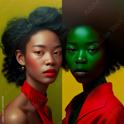 Two BIPOC Black Woman Yellow Green Red Strength Beauty Split Painting Concept Hair Makeup Caravaggio Style Generative AI Tools Technology illustration