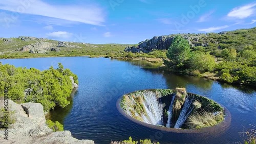 View of Covão dos Conchos in Serra da Estrela, Portugal. Travel and adventure. Nomad life. Hiking lifestyle. Best destinations in the world. Human made construction on the lake.