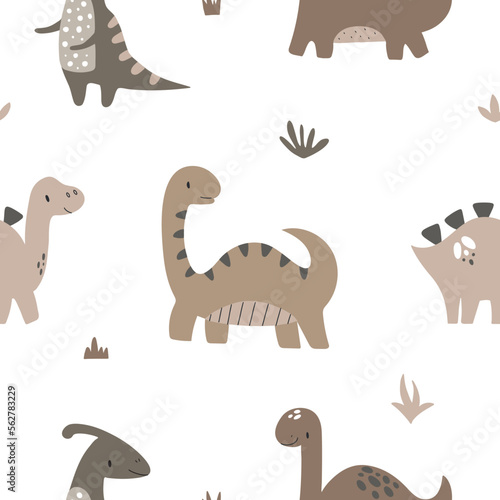 Fototapeta Naklejka Na Ścianę i Meble -  Vector hand drawn repeating pattern with cute dinosaurs and textures in boho style for children's and textile decoration.