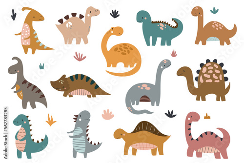Set with cute dinosaurs on a white background. Vector illustration for nursery decoration, textiles, postcards, posters © Ольга Агуреева