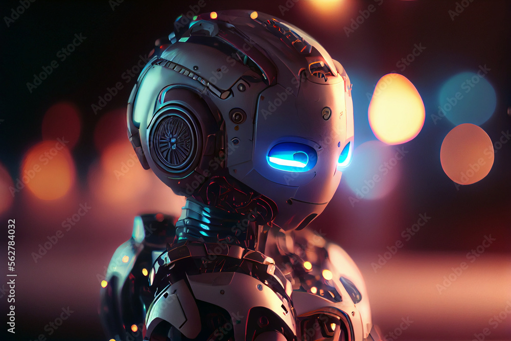 Fototapeta premium Sad Little Robot: A Close-Up with Bokeh Background of a Futuristic Robotic Android Character