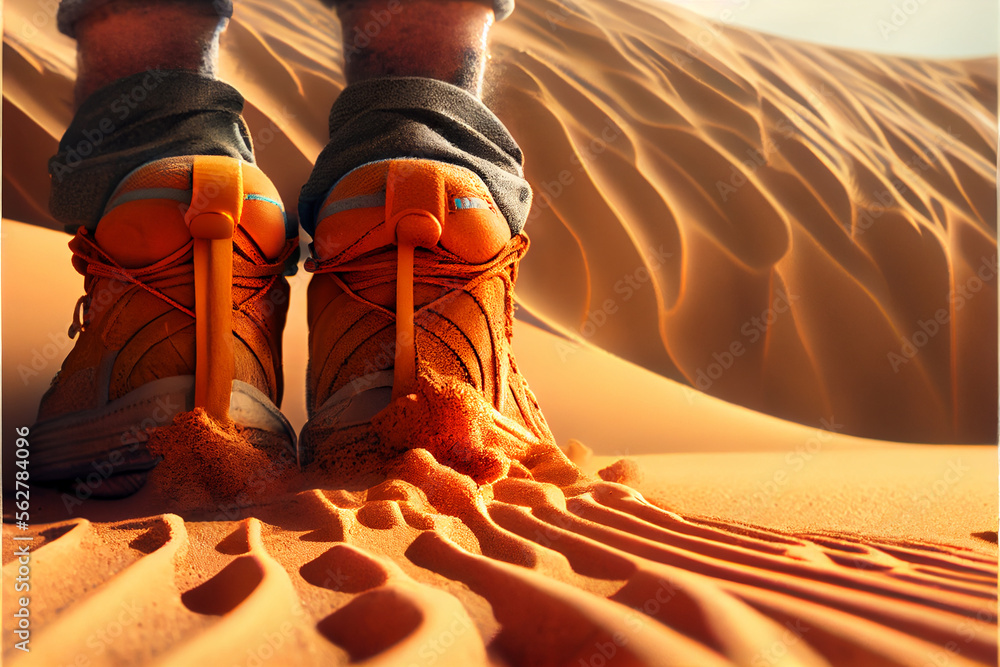 Trekking shoes in desert sand. Military sport trekking footwear