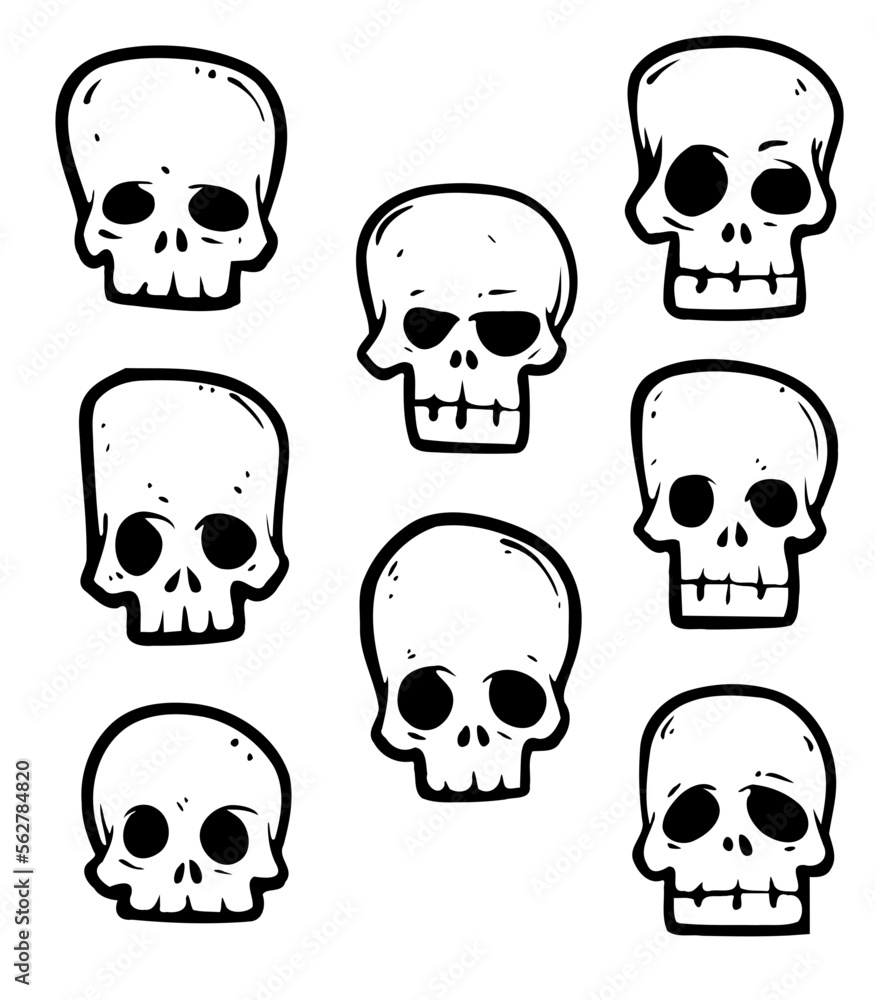 Cartoon skull outline faces skeleton SVG vector