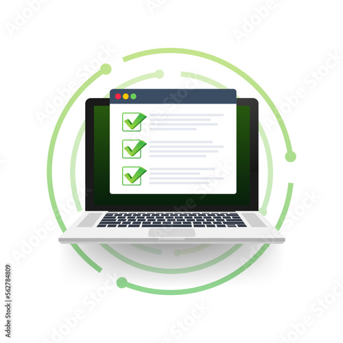 Checklist browser window. Check mark. White tick on laptop screen. Choice, survey concepts. Vector stock illustration.